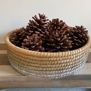 Decorative Basket Natural & Silver Round Woven Seagrass Boho Coastal Farmhouse